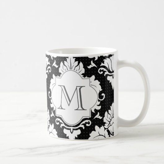 Zwart-witte Damask Monogrammed Mok (Rechts)