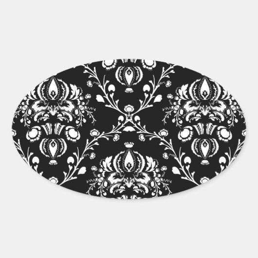 Zwart-witte Damask Ovale Sticker (Voorkant)