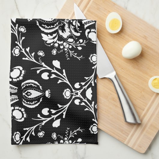 Zwart-witte Damask Theedoek (Quarter Fold)