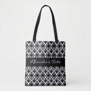Zwart-witte Damask Tote Bag