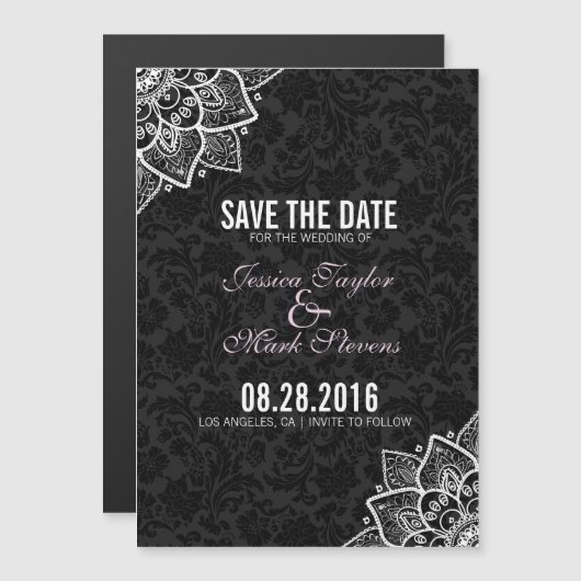 Zwart-witte Damaskers en kant Magnetische Uitnodiging (Voorkant / Achterkant)