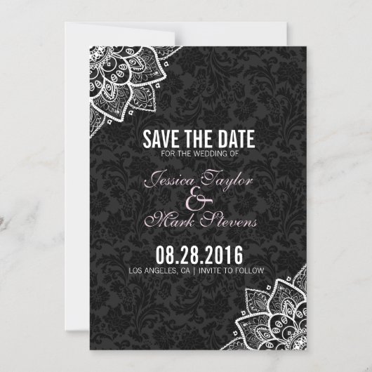 Zwart-witte Damaskers en kant Magnetische Uitnodiging (Voorkant)