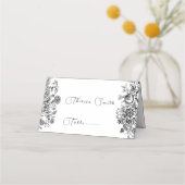 Zwart Witte Damast Bloem Motief Plaatskaartje (Voorkant)