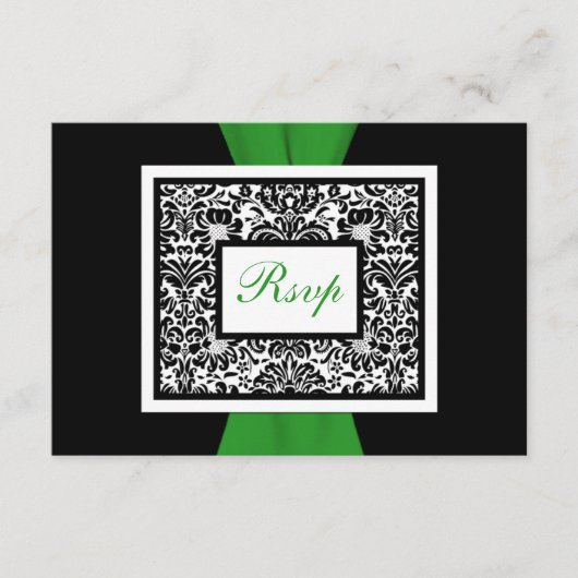 Zwart Witte Damast Groene GEDRUKTE LINT RSVP (Voorkant)