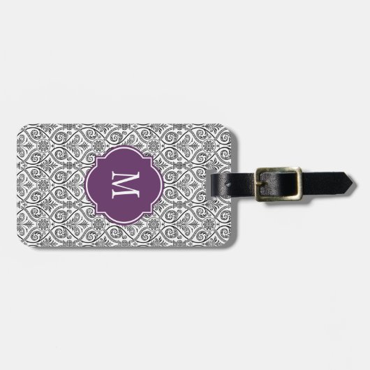 Zwart & Witte Damast Monogram Bagagelabel (Voorkant horizontaal)