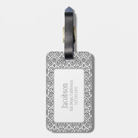 Zwart & Witte Damast Monogram Bagagelabel (Achterkant verticaal)