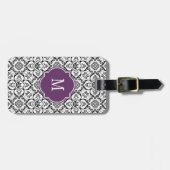 Zwart & Witte Damast Monogram Bagagelabel (Voorkant horizontaal)