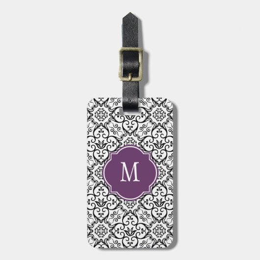 Zwart & Witte Damast Monogram Bagagelabel (Voorkant verticaal)