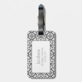 Zwart & Witte Damast Monogram Bagagelabel (Achterkant verticaal)