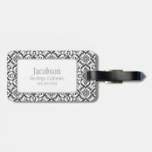 Zwart & Witte Damast Monogram Bagagelabel (Achterkant horizontaal)