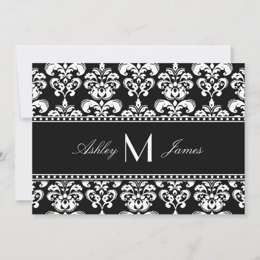 Zwart Witte Damast Monogram Huwelijk Save the Date (Voorkant)