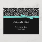 Zwart Witte Damast Muntgroene Lintstrook Datum Bes Aankondigingskaart (Voorkant)