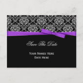 Zwart Witte Damast Paarse Strik Lint Save The Date Aankondigingskaart (Voorkant)