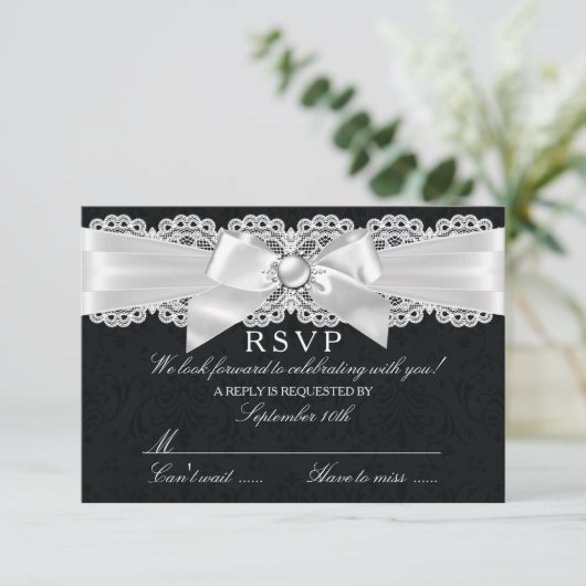 Zwart & Witte Damast & Parel Boog RSVP (Staand voorkant)