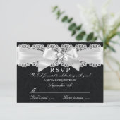 Zwart & Witte Damast & Parel Boog RSVP Kaartje (Staand voorkant)
