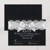 Zwart & Witte Damast & Parel Boog RSVP Kaartje (Voorkant / Achterkant)