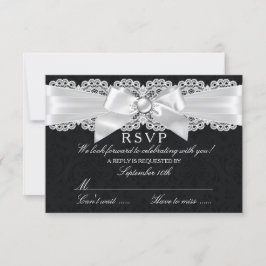 Zwart & Witte Damast & Parel Boog RSVP Kaartje