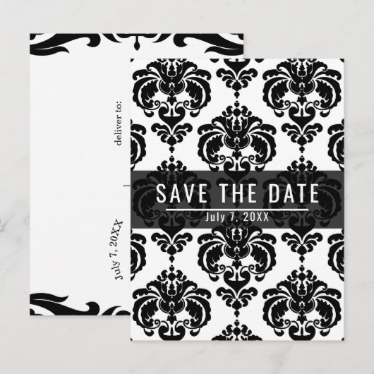 Zwart & Witte Damast Stijl Trouwkaart 'Save the Da Aankondigingskaart (Voorkant / Achterkant)