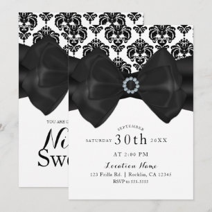 Zwart & Witte Damast Strik Glam Sweet 16 Feest Kaart