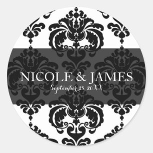 Zwart Witte Damast Vintage Trouwfeest Bruiloft Fav Ronde Sticker