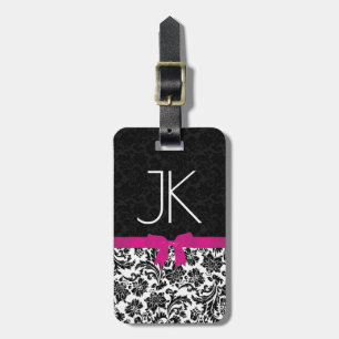 Zwart & Witte Damasten Met Roze Lint Bagagelabel