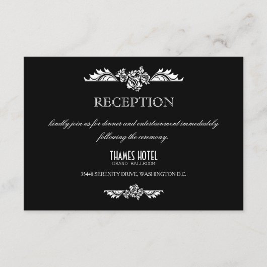 Zwart & Witte Damastrozen Bruiloftsreceptiekaart Informatiekaartje (Voorkant)