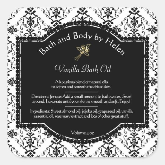 Zwart-witte Damaszeep en cosmeticaetiket Vierkante Sticker (Voorkant)