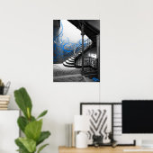 Zwart-witte Deco Stairwell met blauw Poster (Thuiskantoor)
