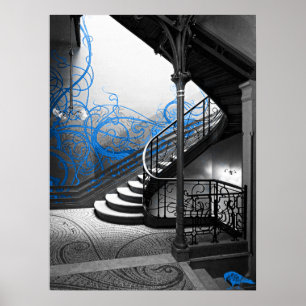 Zwart-witte Deco Stairwell met blauw Poster