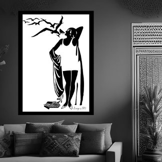 Zwart Witte Deco vrouw strand champagne  Poster