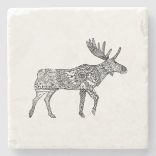 Zwart-witte decoratieve wandelende eland silhouet stenen onderzetter