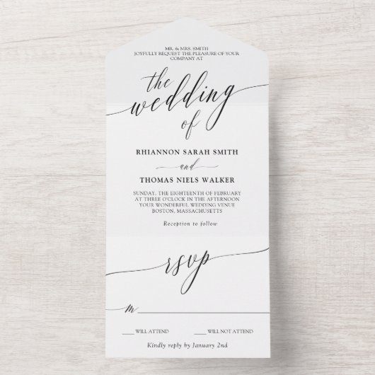 Zwart Witte Delicate Calligraphy Bruiloft All In One Uitnodiging (Binnen)