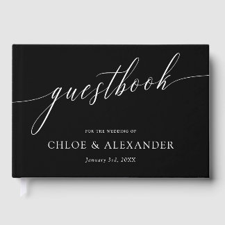 Zwart & Witte Delicate Calligraphy Bruiloft Gastenboek