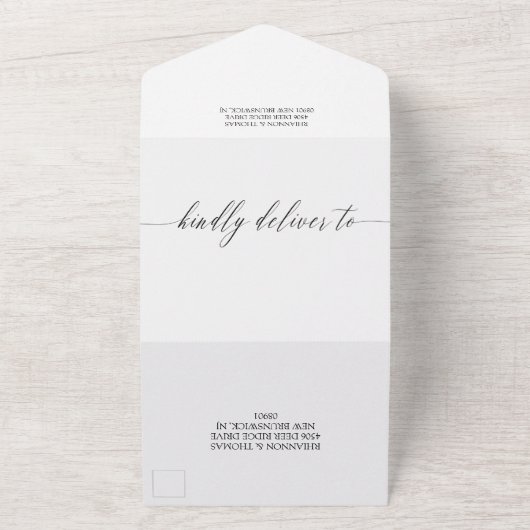 Zwart Witte Delicate Kalligrafie Huwelijk All In One Uitnodiging (Buitenkant)