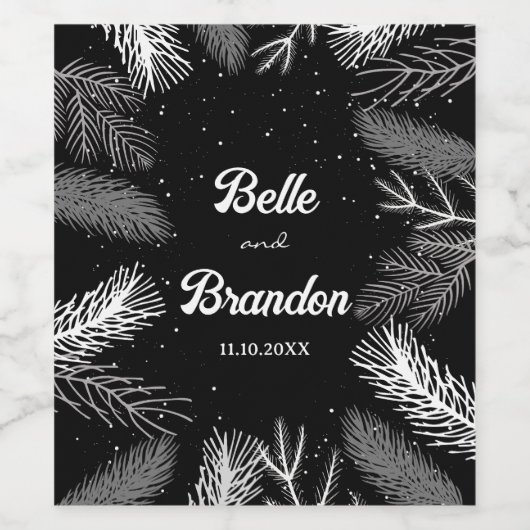 Zwart-witte dennenbladeren Kerstmis Wijn Etiket (Enkel label)