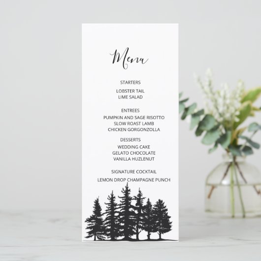 Zwart-Witte Dennenbomen Winter Huwelijk Menu (Staand voorkant)