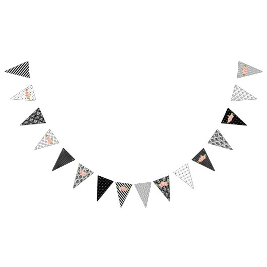 Zwart-witte Design Roze bloemen die vlag bundelen Vlaggetjes (Alle)