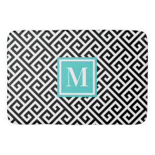 Zwart Witte Diagonale Griekse Sleutel Turquoise Mo Badmat