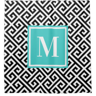 Zwart Witte Diagonale Griekse Sleutel Turquoise Mo Douchegordijn