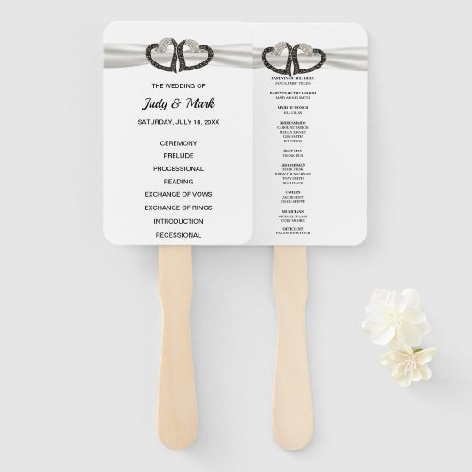 Zwart-witte diamanten harten bruiloft programma fa handwaaier (Voorkant en achterkant)