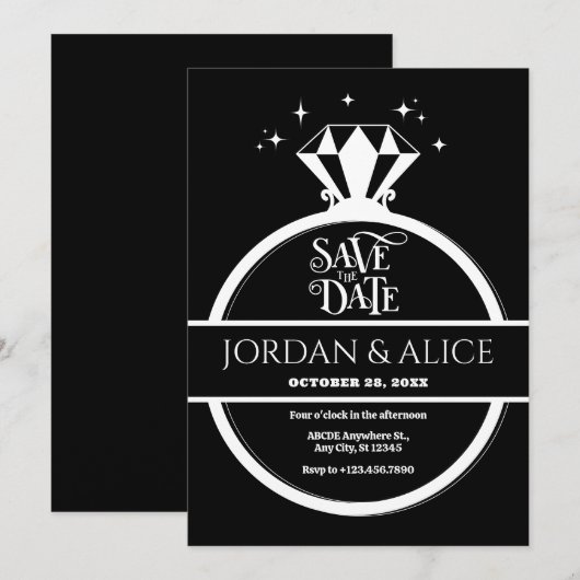 Zwart-witte diamanten ring  save the date (Voorkant / Achterkant)