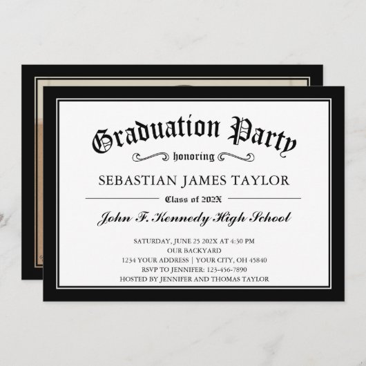 Zwart Witte Diplo Stijl Afstudeerfeest Kaart (Voorkant / Achterkant)