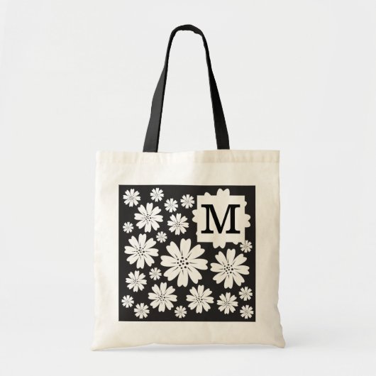 Zwart-witte ditsy bloemen monogrammen tote bag (Voorkant)