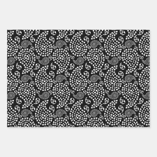Zwart-witte dog en harten afdrukken van paisley inpakpapier vel (Voorkant 2)
