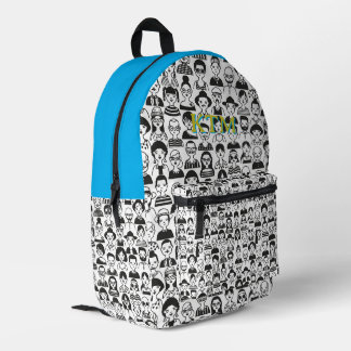 Zwart Witte Doodle Gezichten Monogram Bright Blauw Bedrukte Rugzak