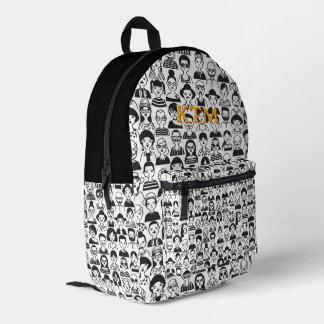 Zwart Witte Doodle Gezichten Monogram Gele Tekst Bedrukte Rugzak