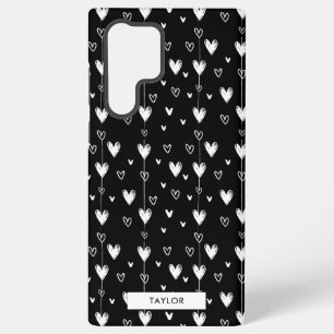 Zwart Witte Doodle Harten Patroon Monogram Naam Samsung Galaxy Hoesje