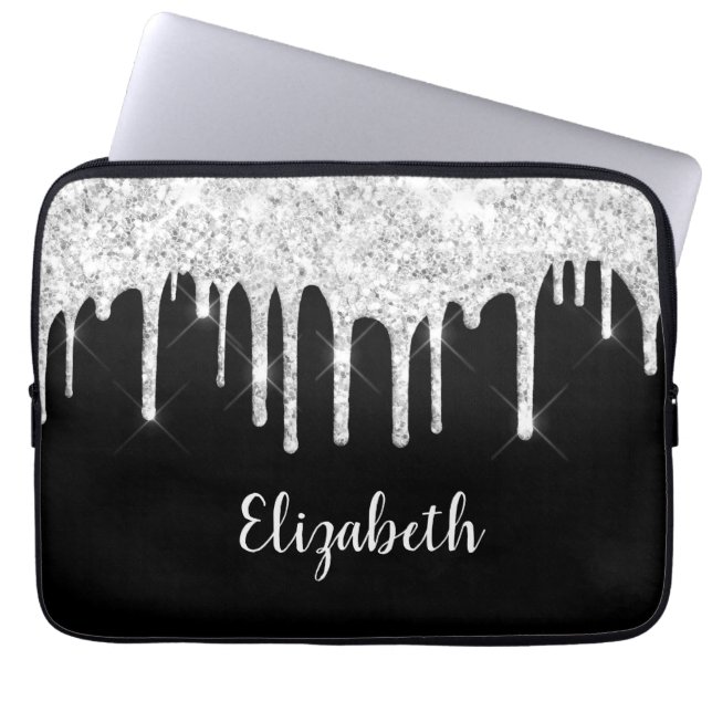 Zwart Witte Druppelende Glitters Zilver Monogram  Laptop Sleeve (Voorkant)