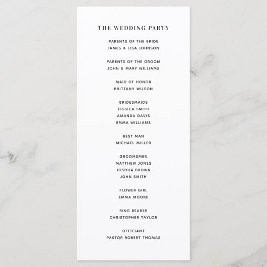 Zwart-witte eenvoudige typografie klassieke bruilo programmakaart (Achterkant)