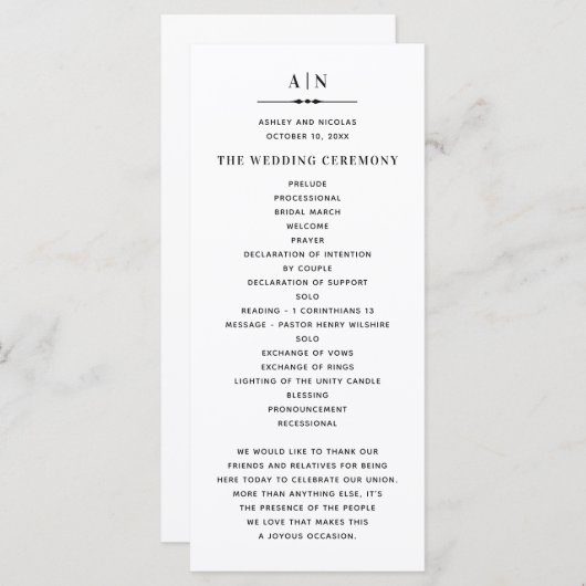 Zwart-witte eenvoudige typografie klassieke bruilo programmakaart (Voorkant / Achterkant)